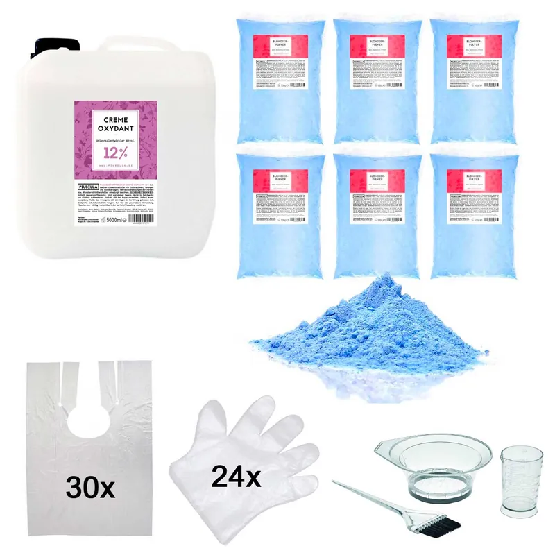 Geprüft Blondierset (5L Piubella Oxydant 12% + 3kg Piubella Blondierpulver + 24 Einmalhandschuhe + 30 Einmalfärbeumhang + Messbecher, Färbepinsel, 250ml Färbeschale)