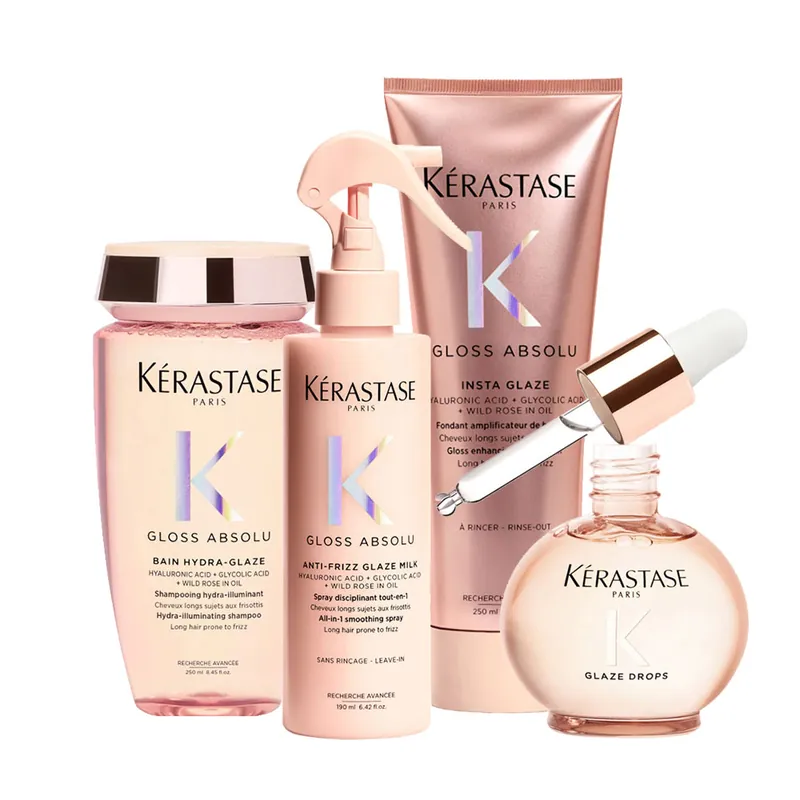 Echt KÉRASTASE Gloss Absolu Set Bain Hydra-Glaze 250 ml + Fondant Insta Glaze 250 ml + Anti-Frizz Glaze Milk 190 ml+ Glaze Drops 45 ml