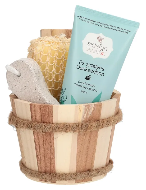 Geschenkset Holzkübel Duschcreme es sidefyns Dankeschön Garantierte Lieferung