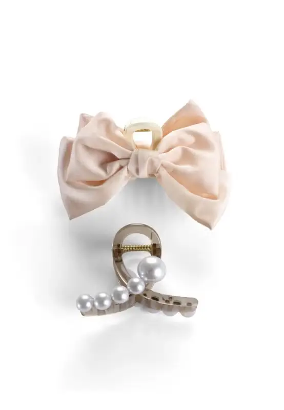 Fashion Haarklemme mit Perlen und Haarklemme mit Masche beige Begrenztes Angebot