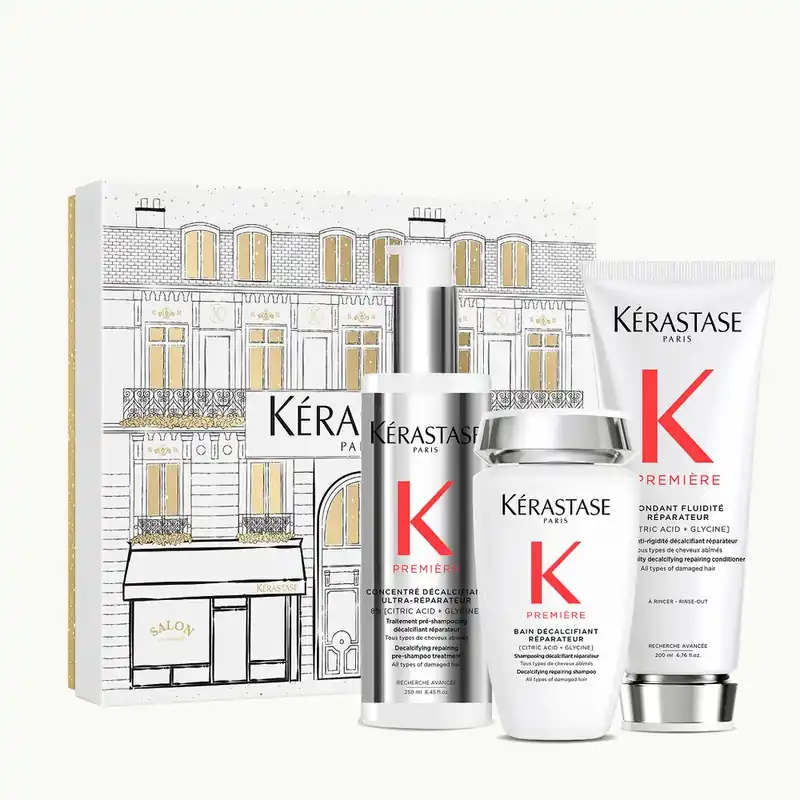 Ausverkauf Kérastase Première Fondant Holiday Set – Bain Décalcifiant 250 ml + Fondant Fluidité Réparateur 250 ml + Concentré Décalcifiant Ultra-Réparateur 250 ml