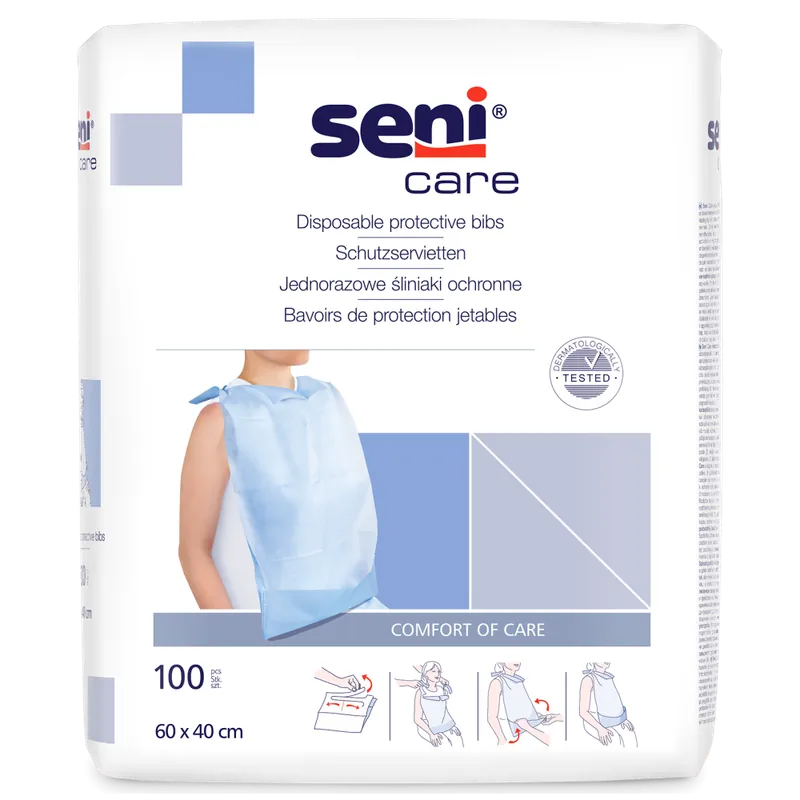 Rabatt SENI CARE - Einweg Esslätze (Schutzservietten) mit Bindelaschen, 100 Stück