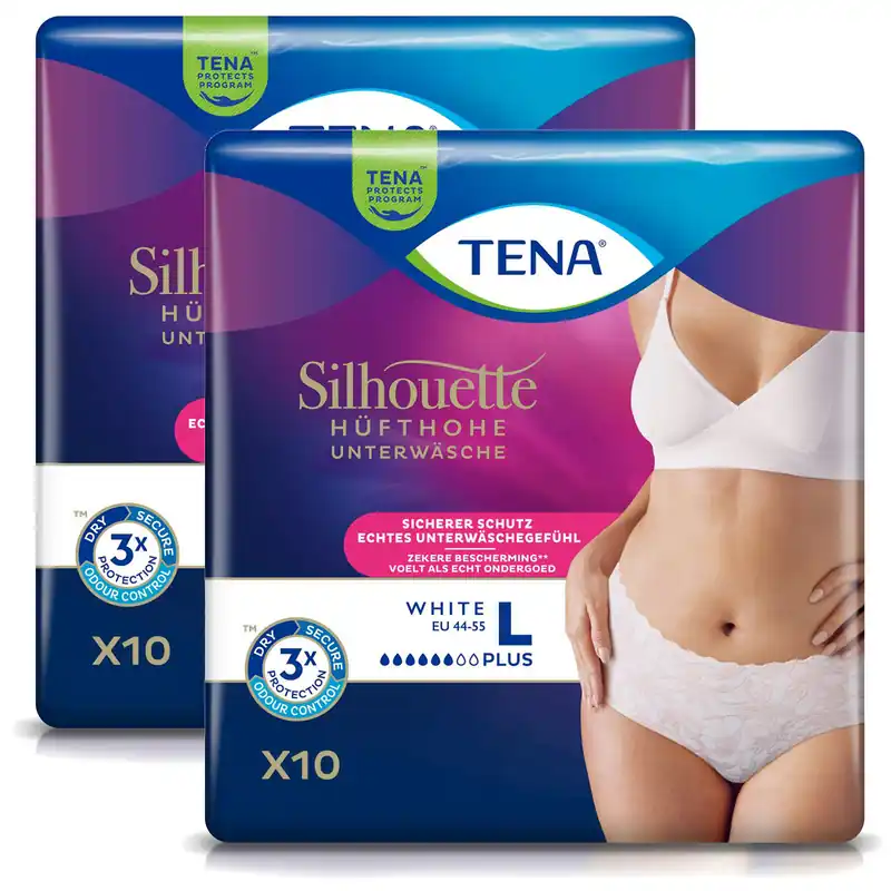 Sofort Bestellen TENA Silhouette Plus White - hüfthohe feminine Pants - Gr. Large (L) 2x10 Stück