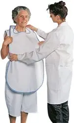 Cilly's Ess-Schürze ohne Durchlaufschutz - weiss, Einfassung dunkelblau mit breiten Bändern Sonderangebot