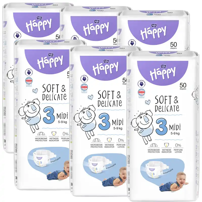 Bella Happy Babywindeln - Gr. 3 Midi 5-9 kg Karton - (6x50) 300 Stück Karton Versand Am Gleichen Tag