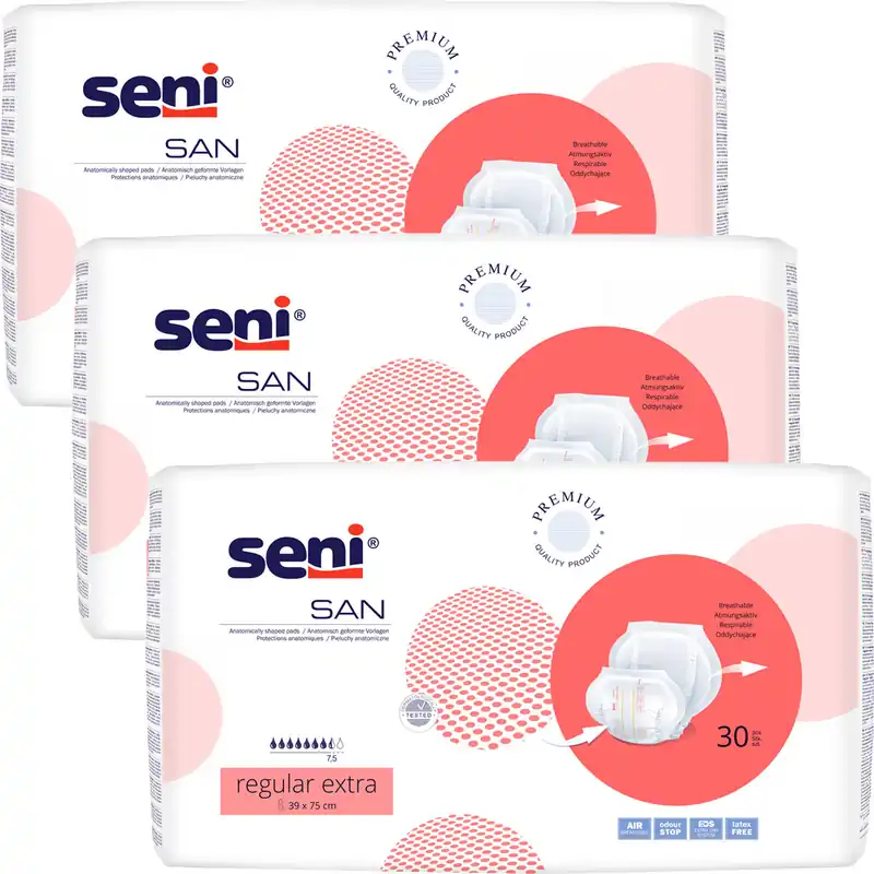 Seni SAN REGULAR EXTRA - anatomische Inkontinenzvorlagen - 90 (3X30) Stück Karton Sonderaktion