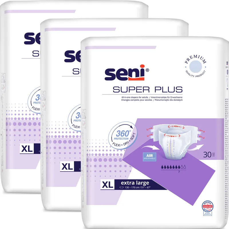 Jetzt Kaufen SENI Super PLUS - Inkontinenzwindeln - Gr. 4 EXTRA LARGE 90 (3x30 Stück)