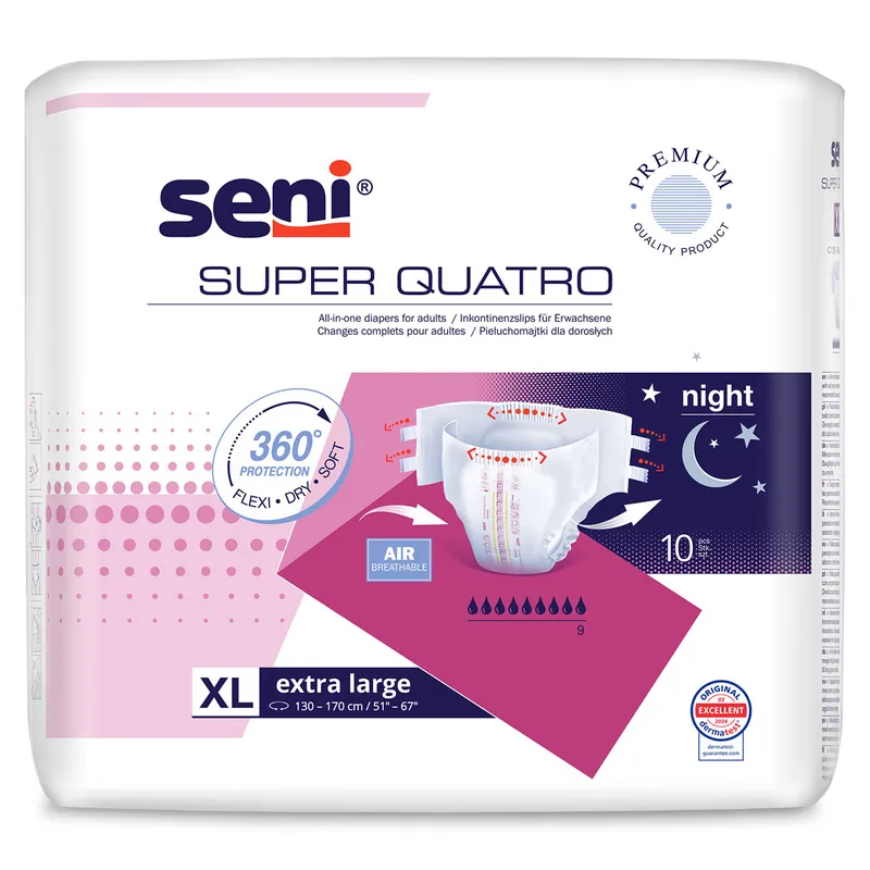 SENI Super QUATRO - Inkontinenzwindeln - Gr. 4 Extra LARGE (10 St Einzelpack) Neu Im Sortiment